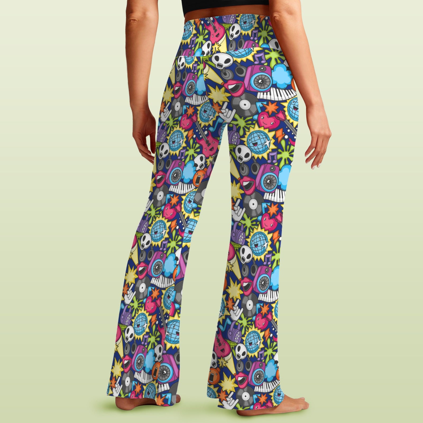 Sticker Music High Waist Crossover Tummy Control Flare Leggings High Waist Flare Leggings Music Printed Offshore