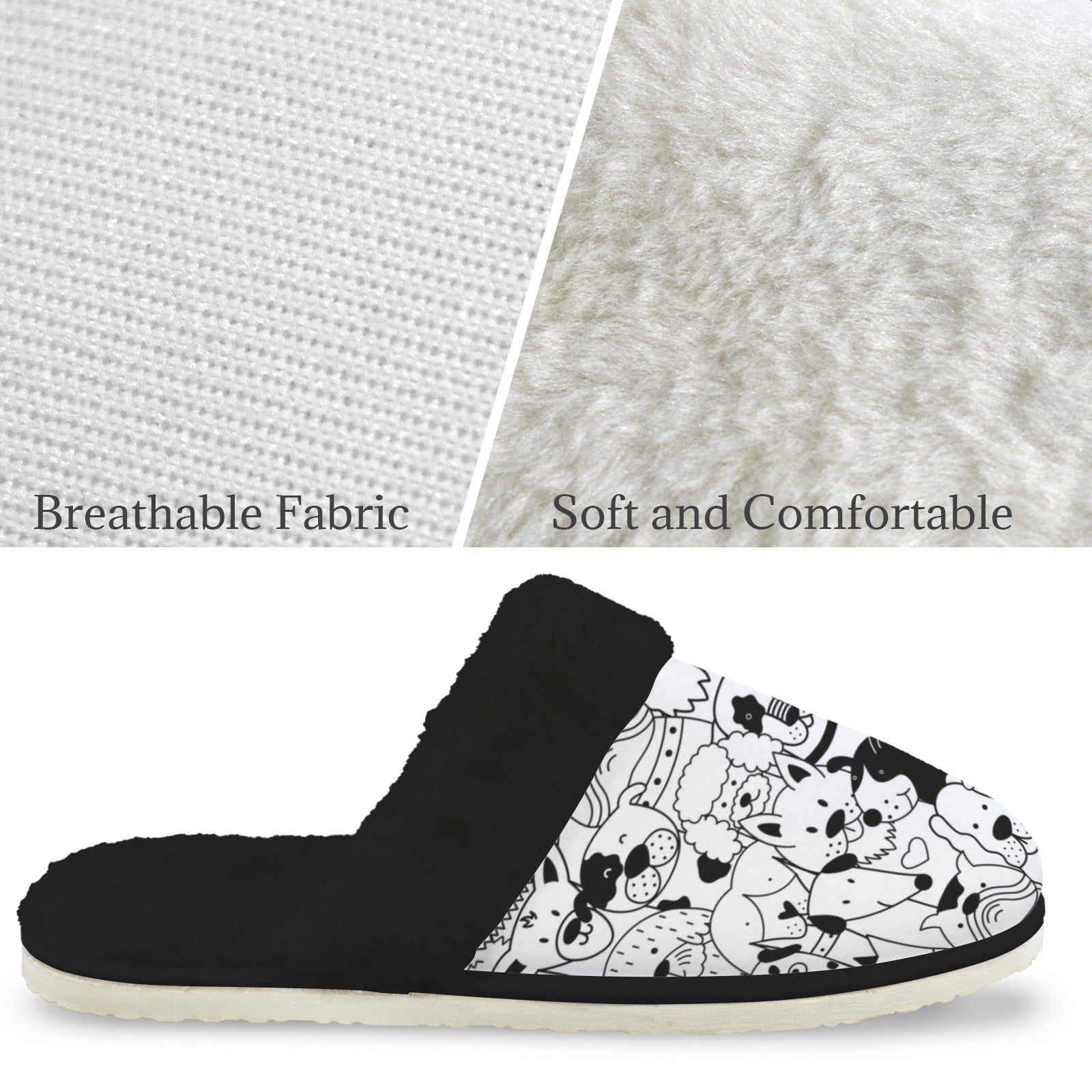 Black And White Dogs Men's Fur Trim Thick-Sole Indoor Slippers Men's Fur Trimmed Slippers animal Printed Offshore