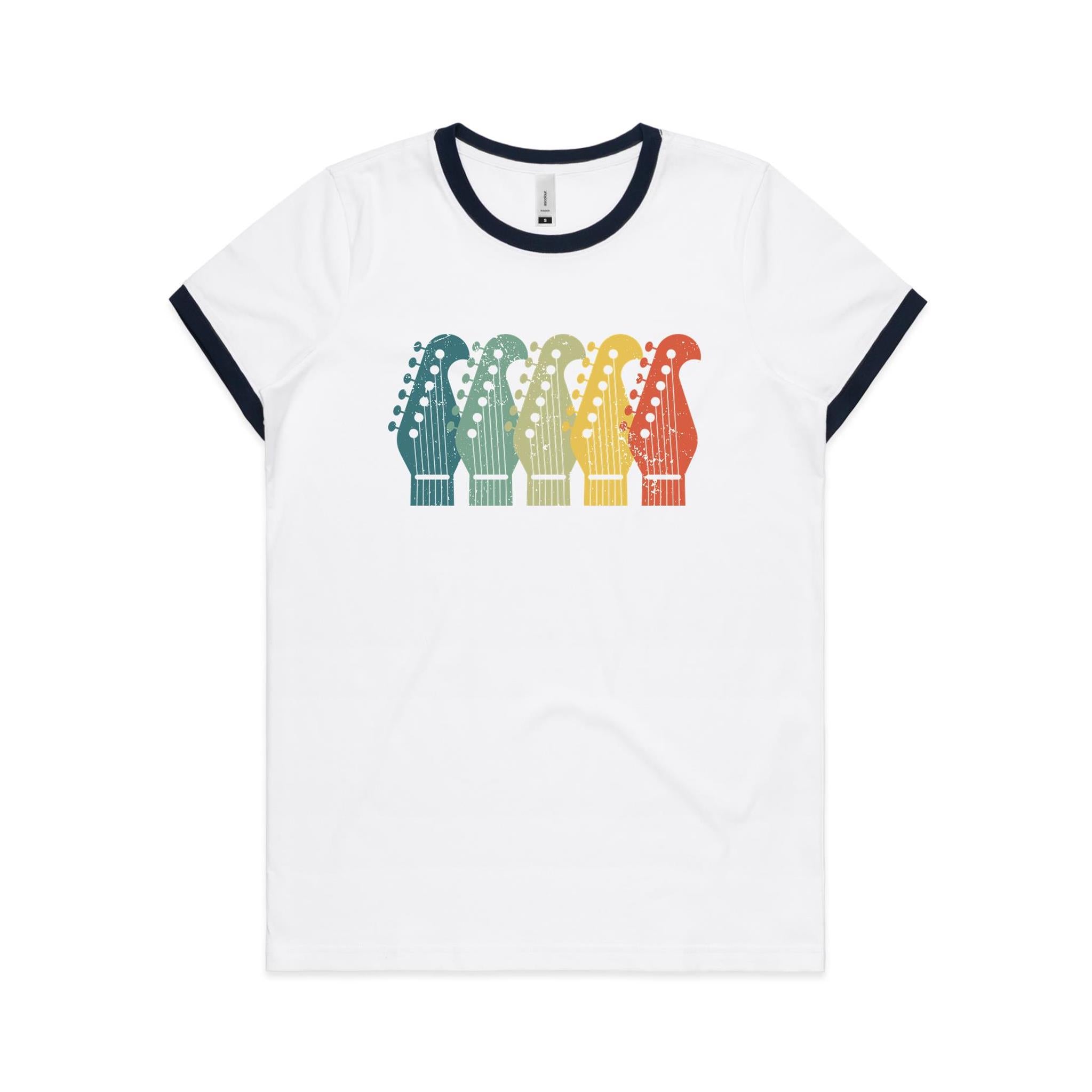 Vintage Guitar Headstocks - Women's Ringer Tee White Navy Womens Ringer T-shirt Music Printed In Australia Retro
