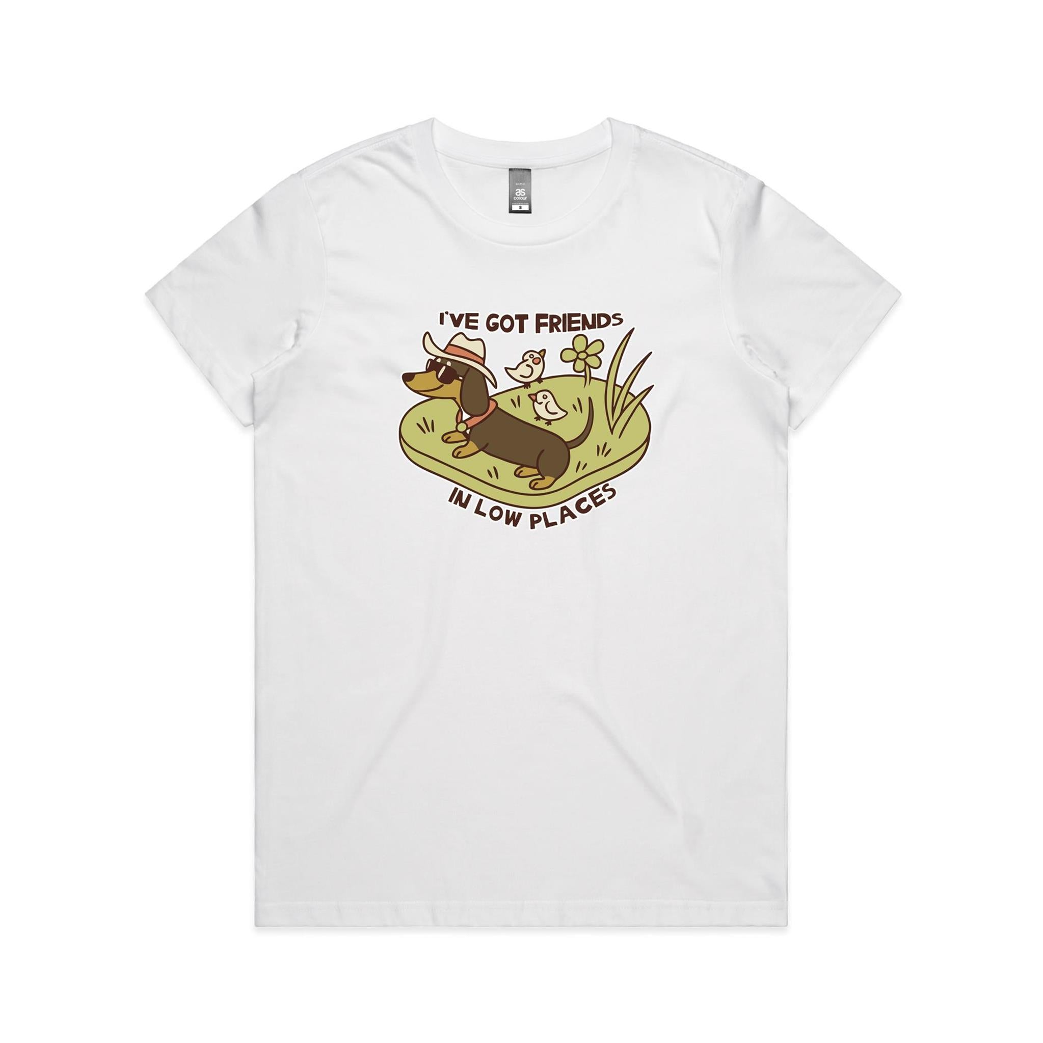 Dachshund, I've Got Friends In Low Places Women's AS Colour T-shirt White Womens T-shirt animal Printed In Australia