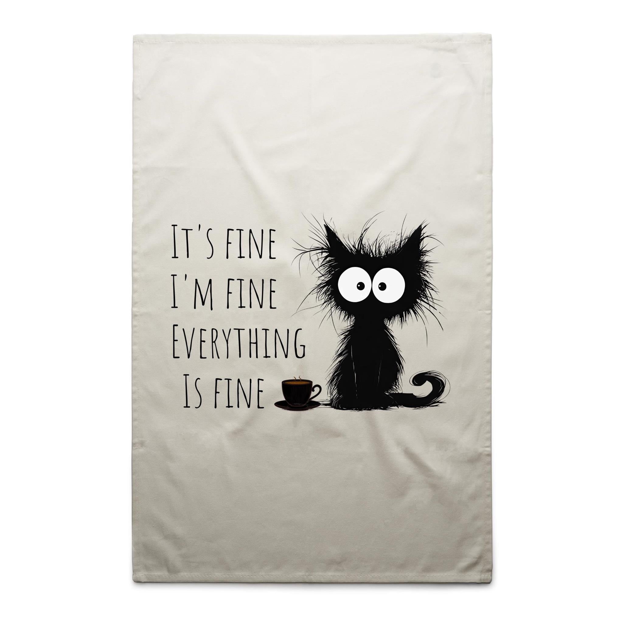 Frazzled Cat, It's Fine, I'm Fine, Everything Is Fine - AS Colour Tea Towel Cream One Size Tea Towel animal Printed In Australia