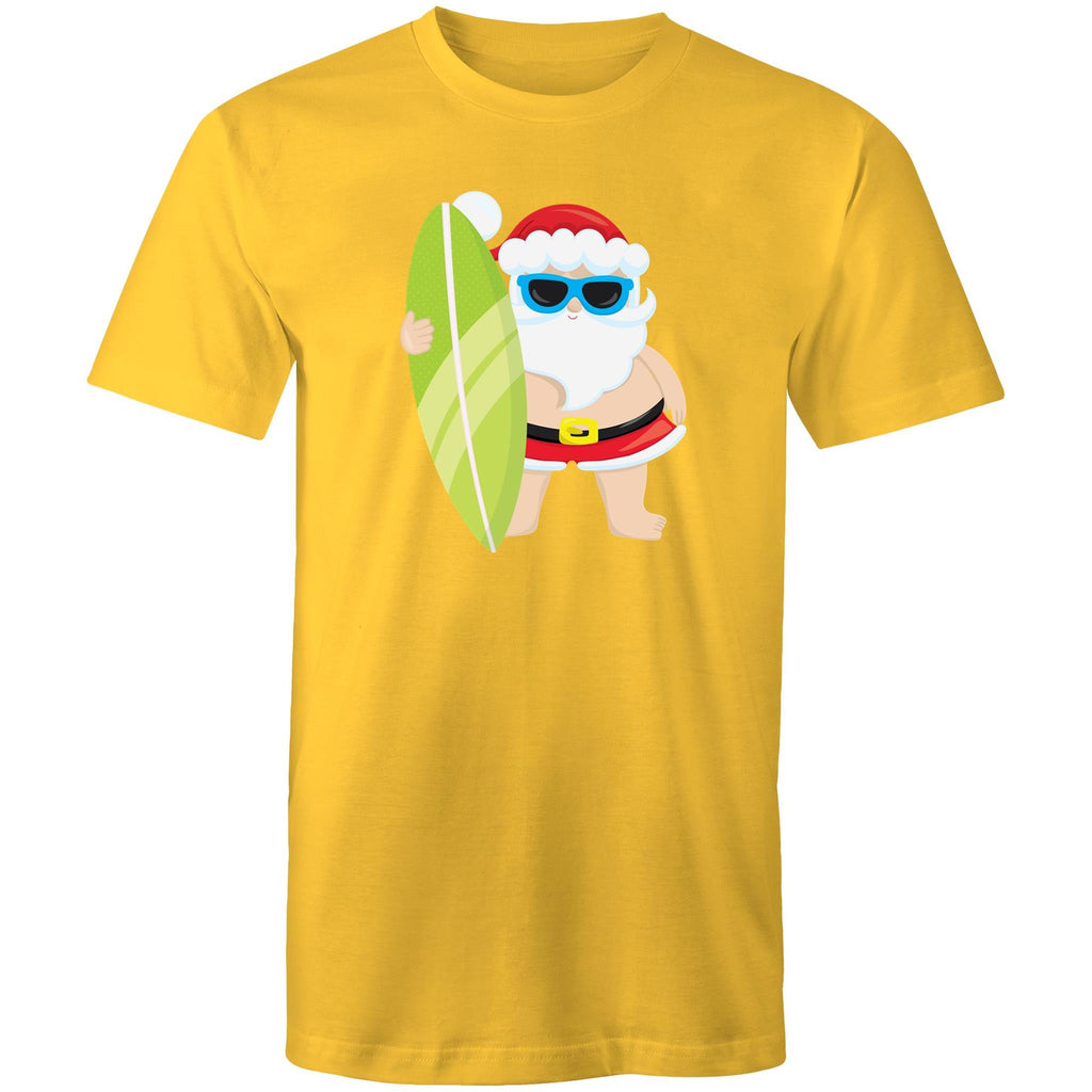 Surfing Santa - Mens T-Shirt Yellow Mens Christmas T-shirt Christmas Printed In Australia