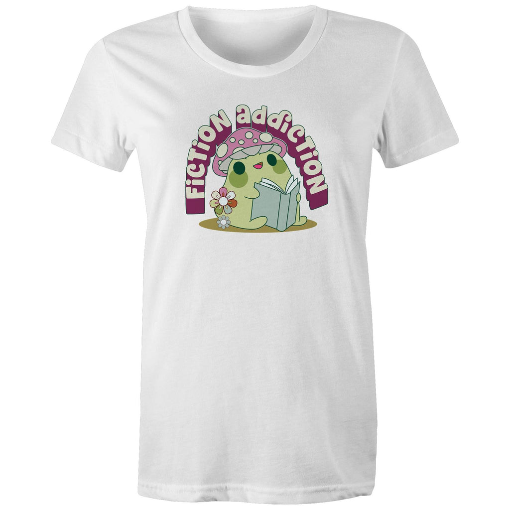 Fiction Addiction - Womens T-shirt White Womens T-shirt Printed In Australia Reading