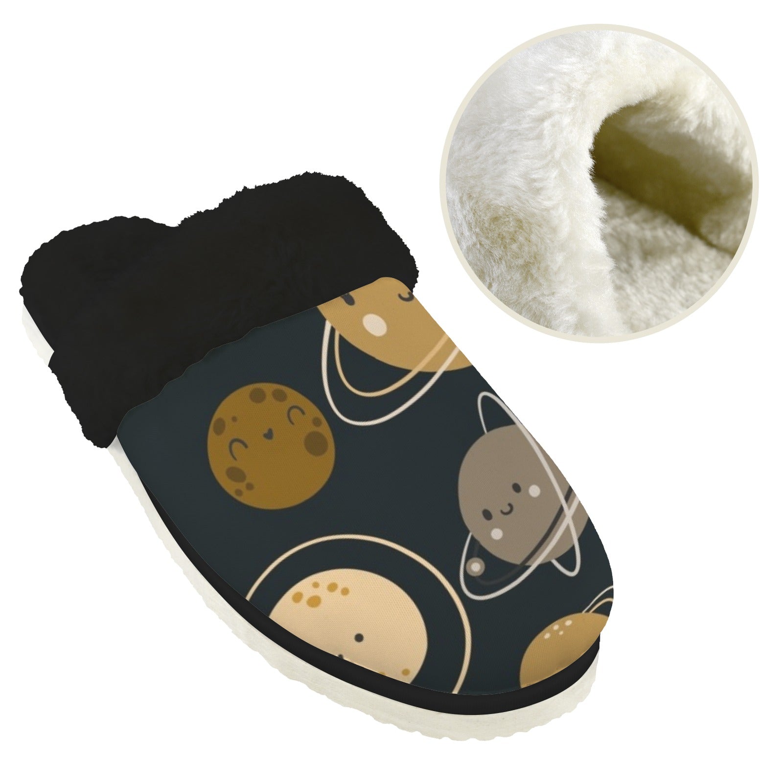 Planets - Men's Fur Trim Thick-Sole Indoor Slippers Men's Fur Trimmed Slippers Printed Offshore Space