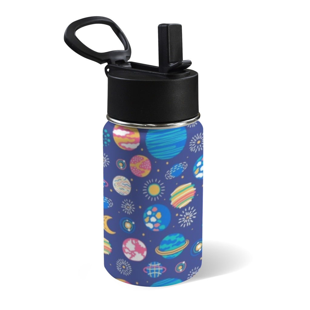 Planets On Blue 12oz Kids Water Bottle with Straw Lid