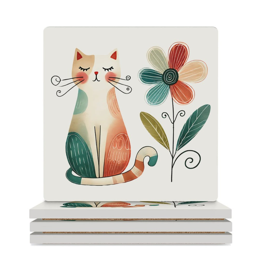 Cat And Flower - Ceramic Coasters (Square) white Ceramic Coasters animal Printed Offshore