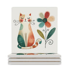 Cat And Flower - Ceramic Coasters (Square) white Ceramic Coasters animal Printed Offshore