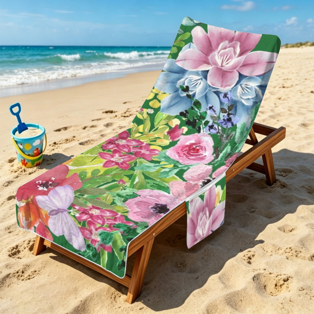 Bright Watercolour Floral Beach Chair Towel Cover with Side Pockets