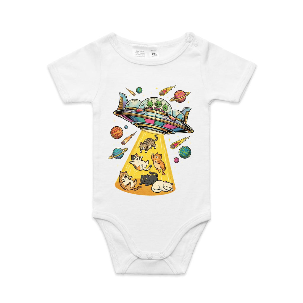 UFO Cat Abduction AS Colour Baby Bodysuit White Baby Bodysuit animal Printed In Australia Sci Fi