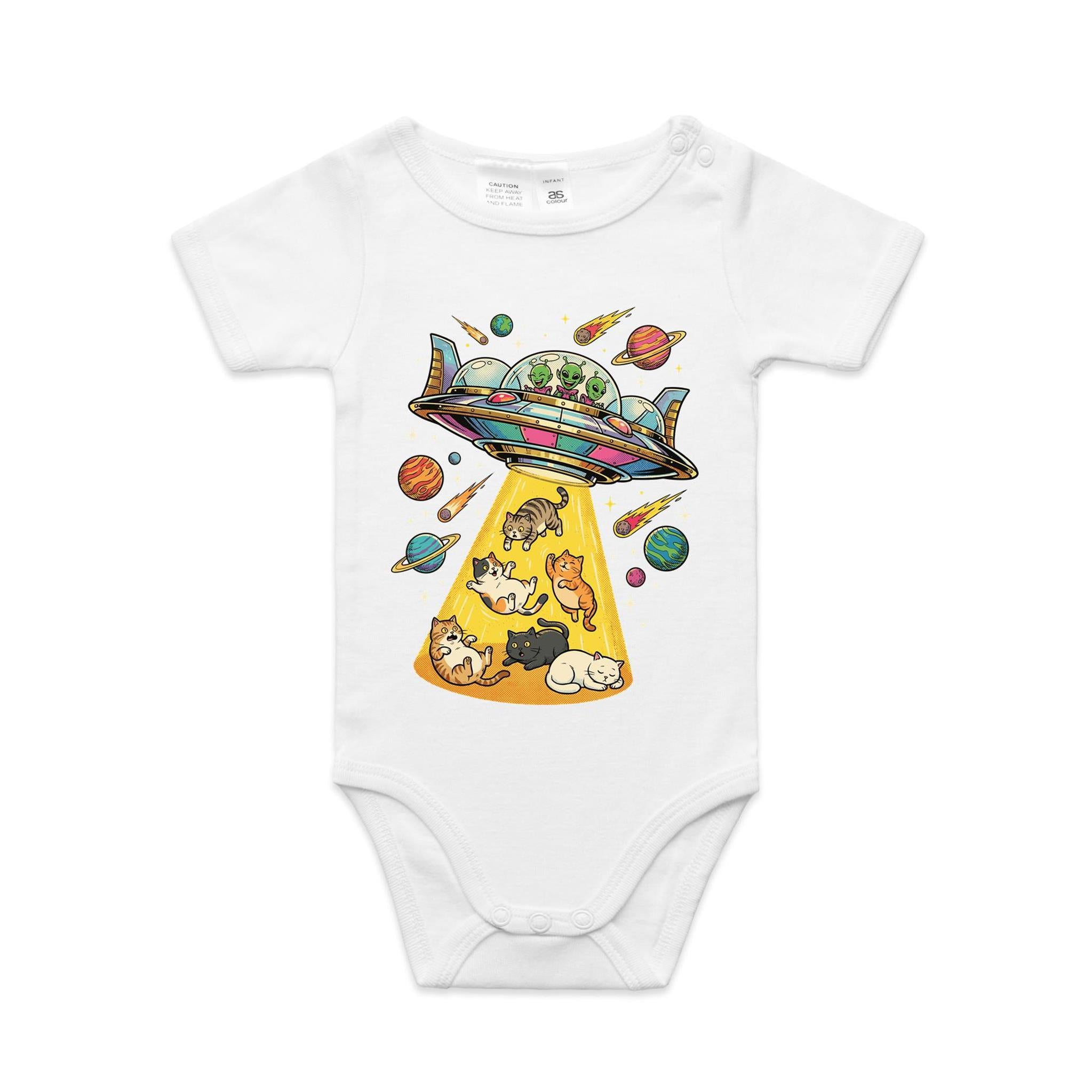 UFO Cat Abduction - AS Colour Baby Bodysuit White Baby Bodysuit animal Printed In Australia Sci Fi