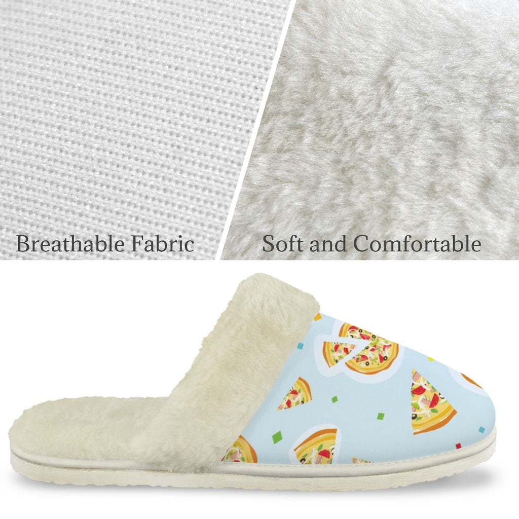Pizzas On Blue Women's Fur Trim Thick-Sole Indoor Slippers Women's Fur Trimmed Slippers Food Printed Offshore
