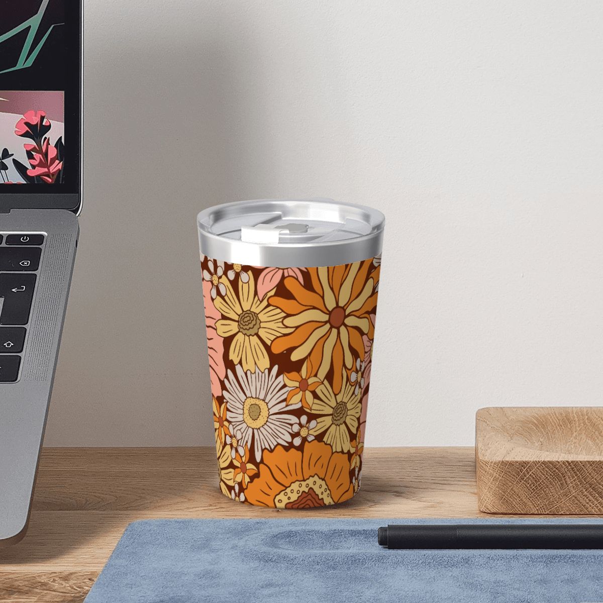 Orange Retro Floral Small Stainless Steel Travel Mug Cup 12oz/350ml
