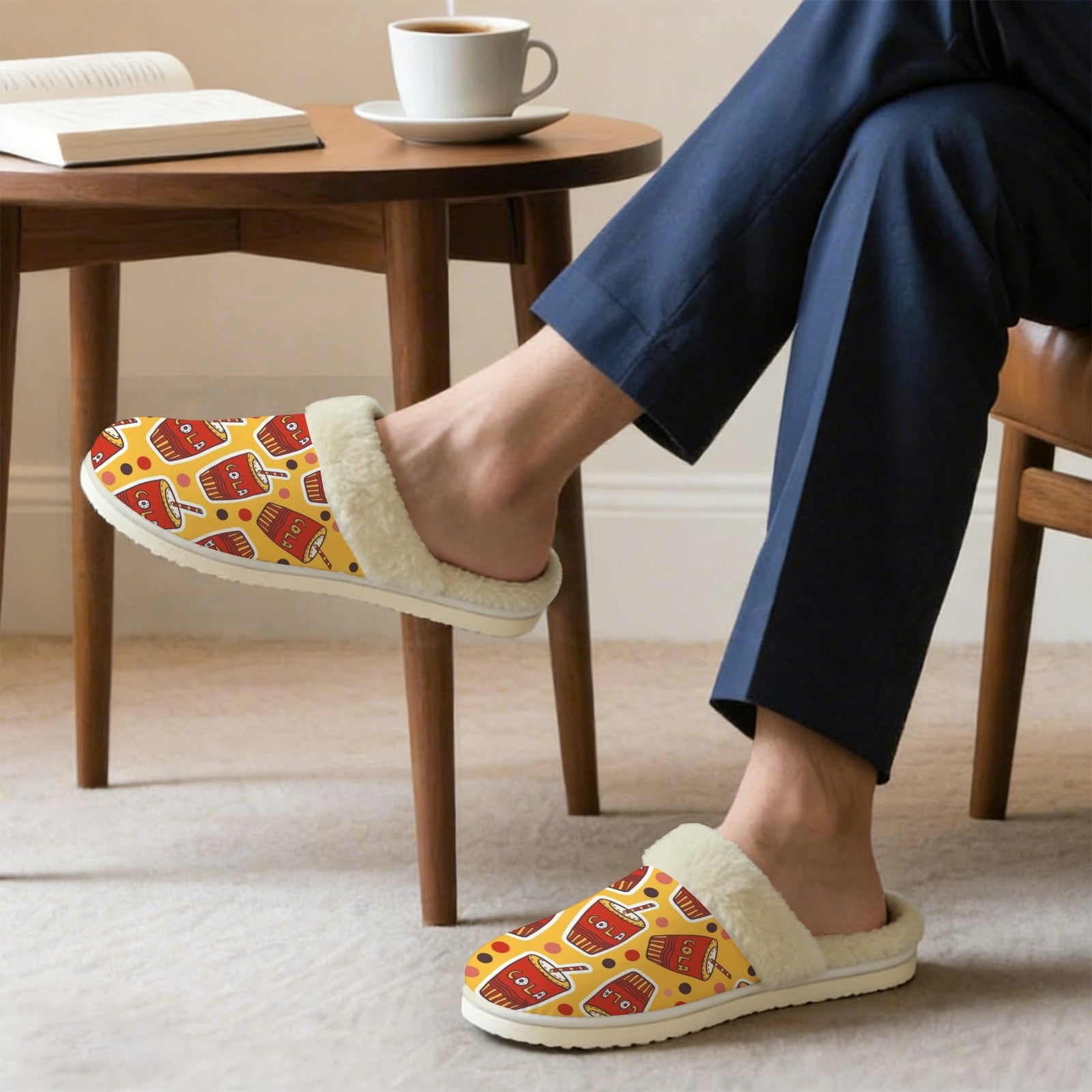 Cola Men's Fur Trim Thick-Sole Indoor Slippers Men's Fur Trimmed Slippers Food Printed Offshore