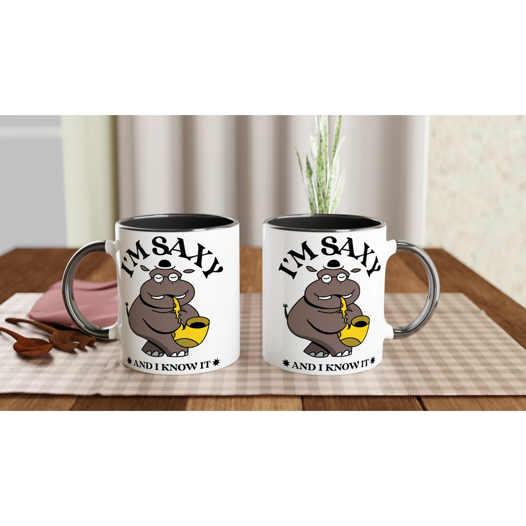 I'm Saxy And I Know It, Saxophone Hippo - White 11oz Ceramic Mug with Colour Inside Colour 11oz Mug animal Globally Fulfilled Music