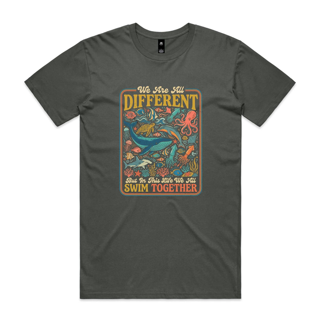 We Are All Different, But We All Swim Together Men's AS Colour T-shirt Charcoal Mens T-shirt animal Ocean Positivity Printed In Australia