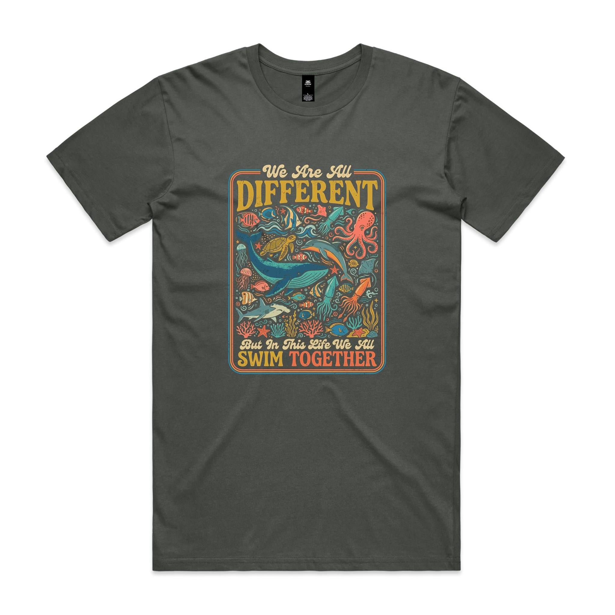 We Are All Different, But We All Swim Together - Men's AS Colour T-shirt Charcoal Mens T-shirt animal Ocean Positivity Printed In Australia