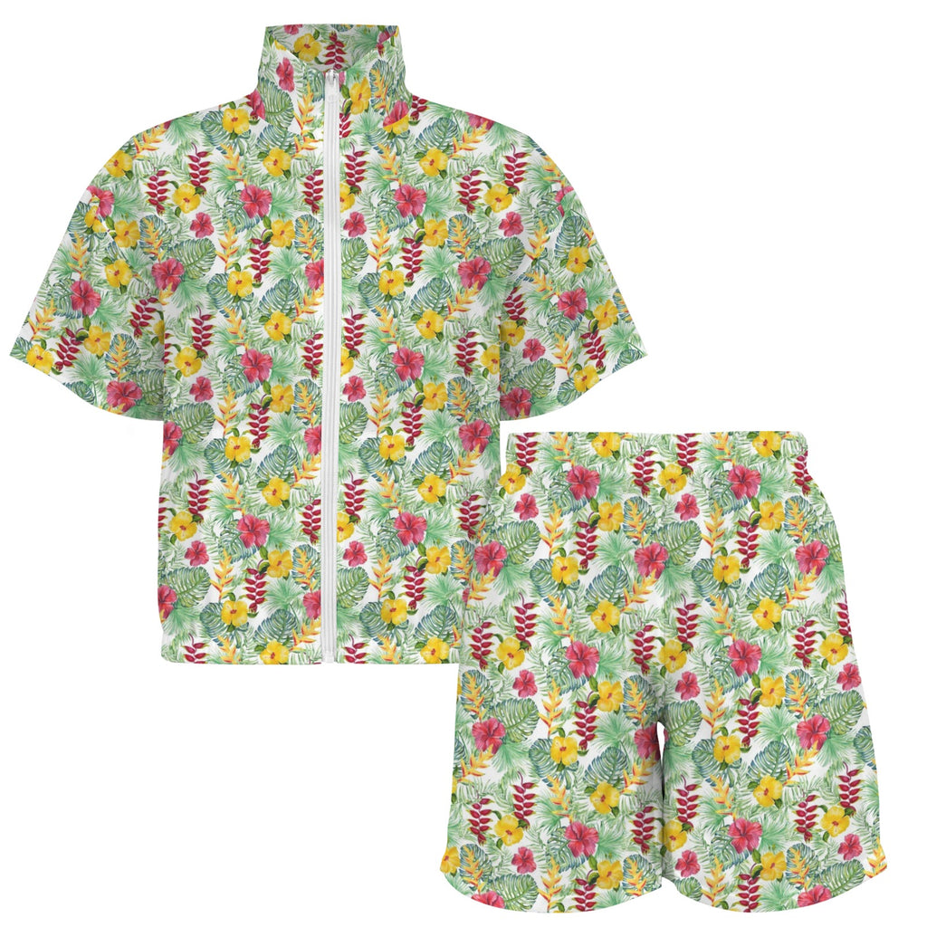 Tropical Flowers On White Women's Windbreaker Short Set Women's Windbreaker Short Set Plants Printed Offshore