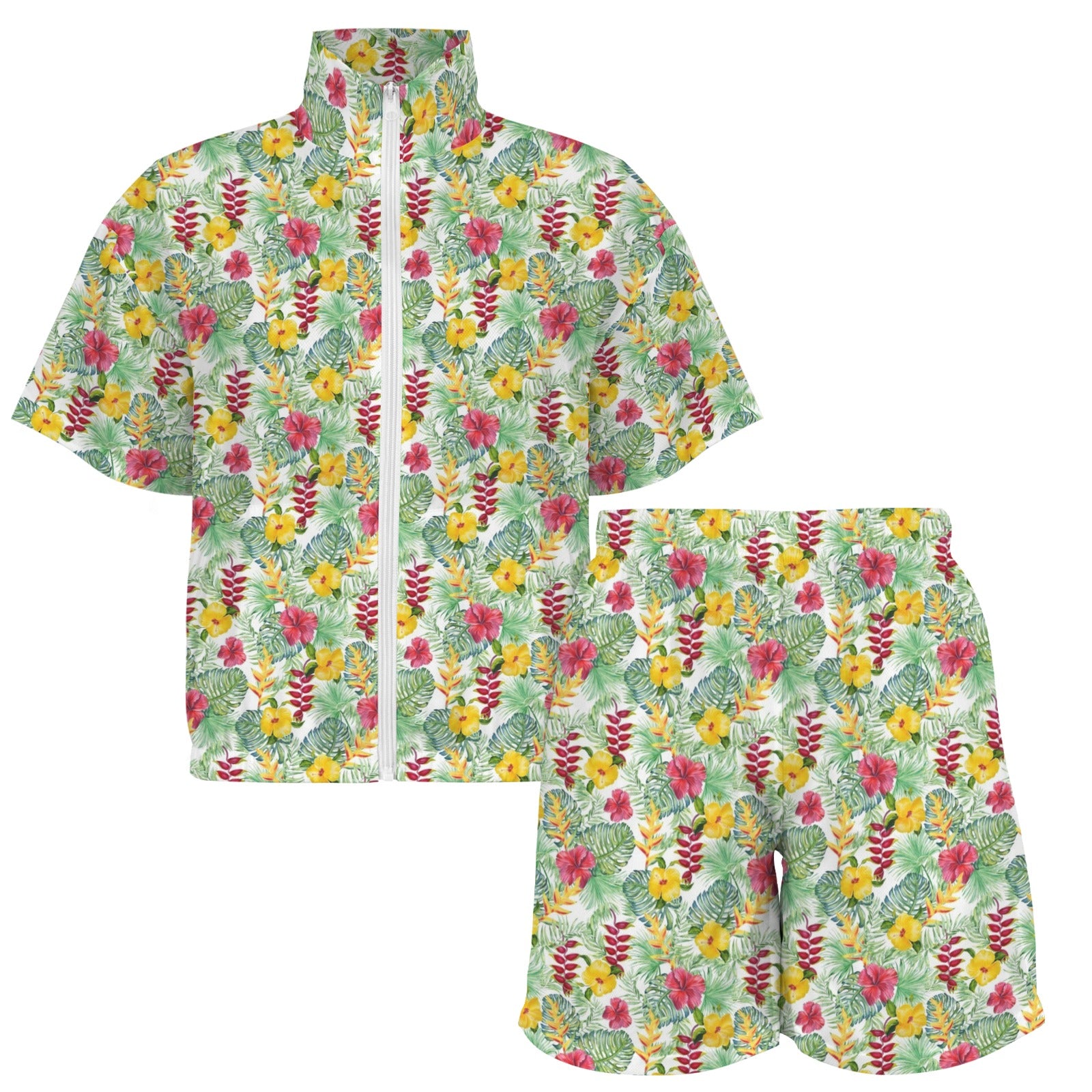 Tropical Flowers On White Women's Windbreaker Short Set Women's Windbreaker Short Set Plants Printed Offshore