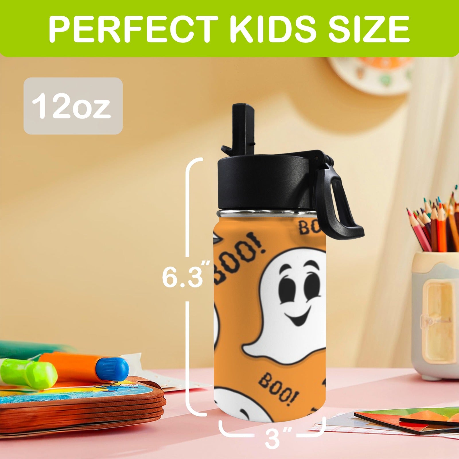 Halloween Ghost Boo 12oz Kids Water Bottle with Straw Lid