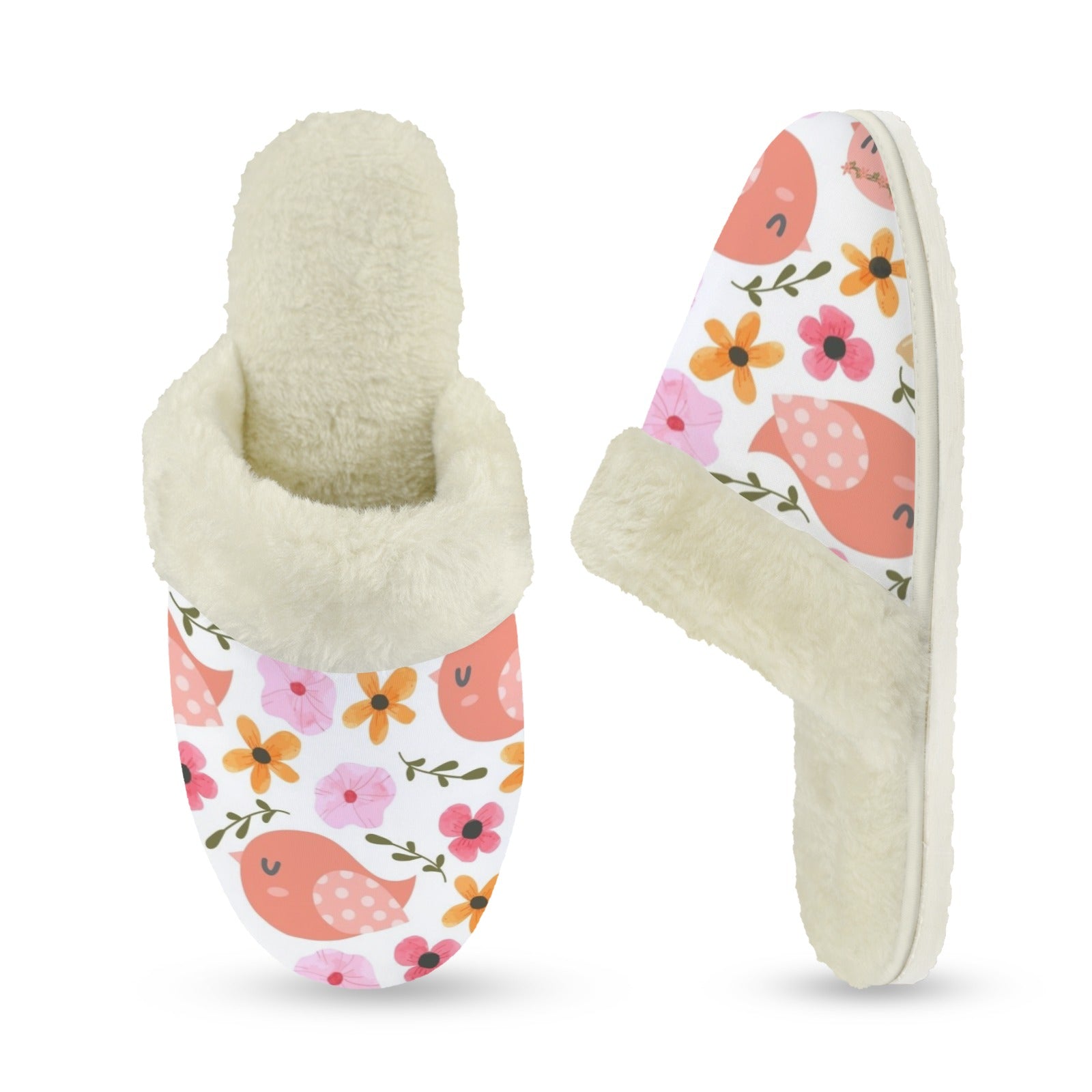 Lovely Birds Women's Fur Trim Thick-Sole Indoor Slippers Women's Fur Trimmed Slippers animal Birds Printed Offshore