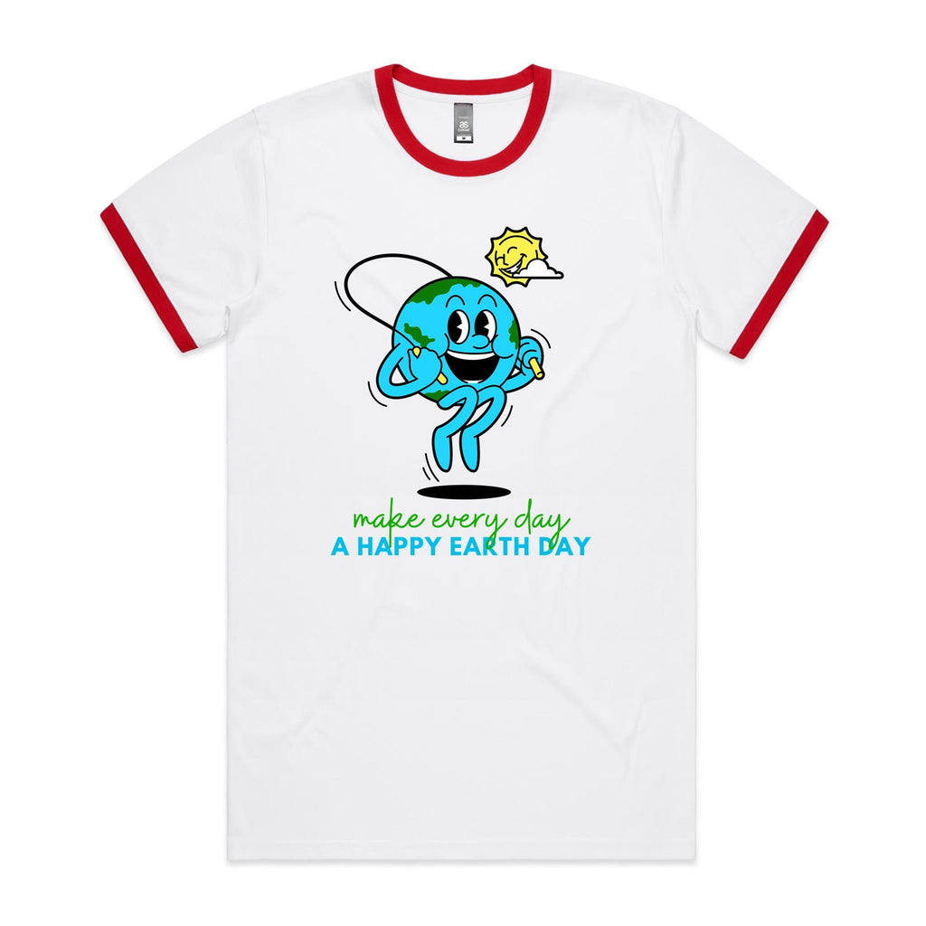 Make Every Day A Happy Earth Day - Staple Ringer Tee White Red Ringer T-Shirt Environment Printed In Australia