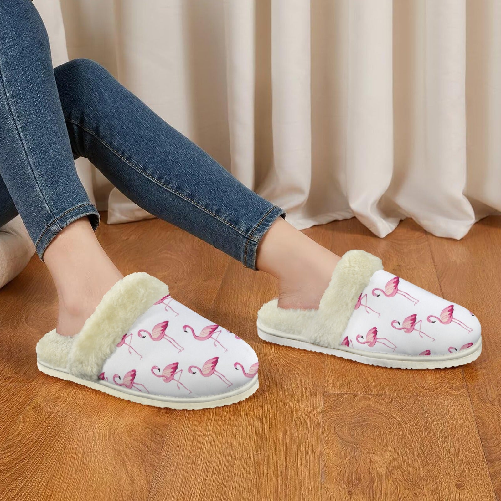 Flamingos Women's Fur Trim Thick-Sole Indoor Slippers Women's Fur Trimmed Slippers animal Printed Offshore