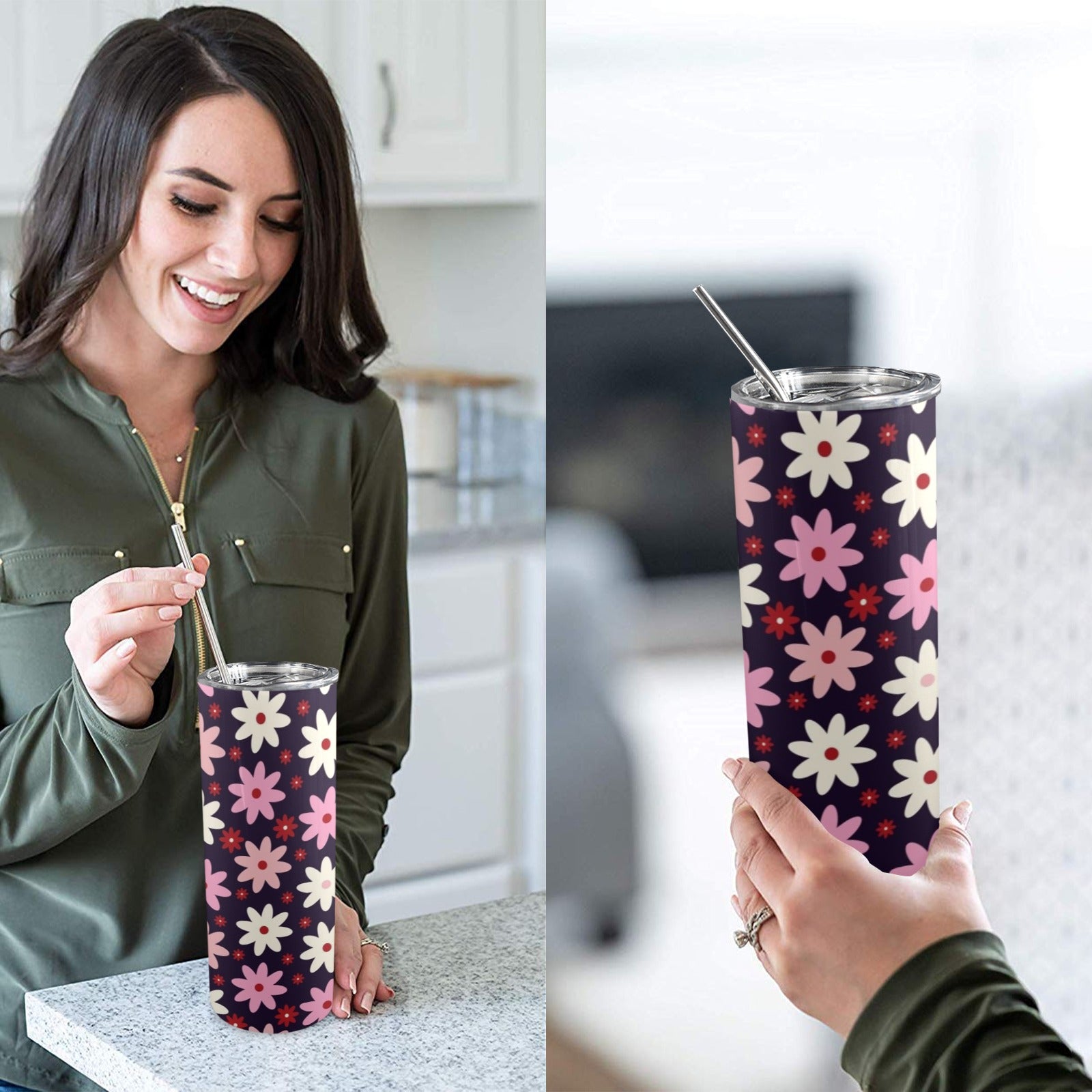 Pink Daisy - 20oz Tall Skinny Tumbler with Lid and Straw