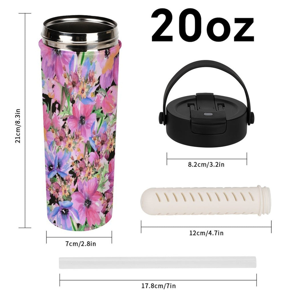 Bright Pink Floral 20oz Tea Tumbler with Carry Handle