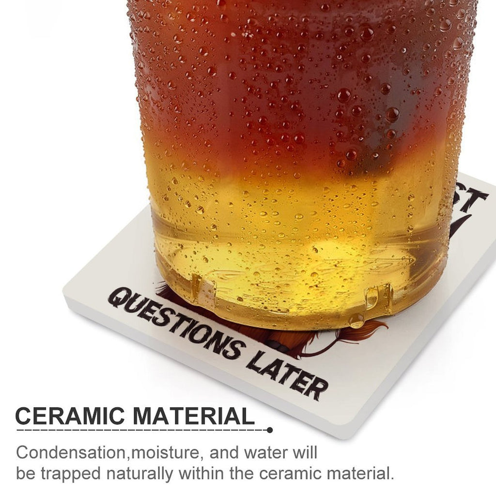 Highland Cow, Coffee First - Ceramic Coasters (Square) Ceramic Coasters animal Printed Offshore