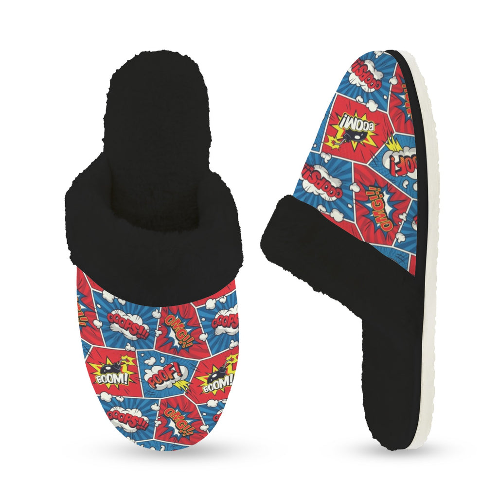 Comic Book Cells Women's Fur Trim Thick-Sole Indoor Slippers Women's Fur Trimmed Slippers comic Printed Offshore
