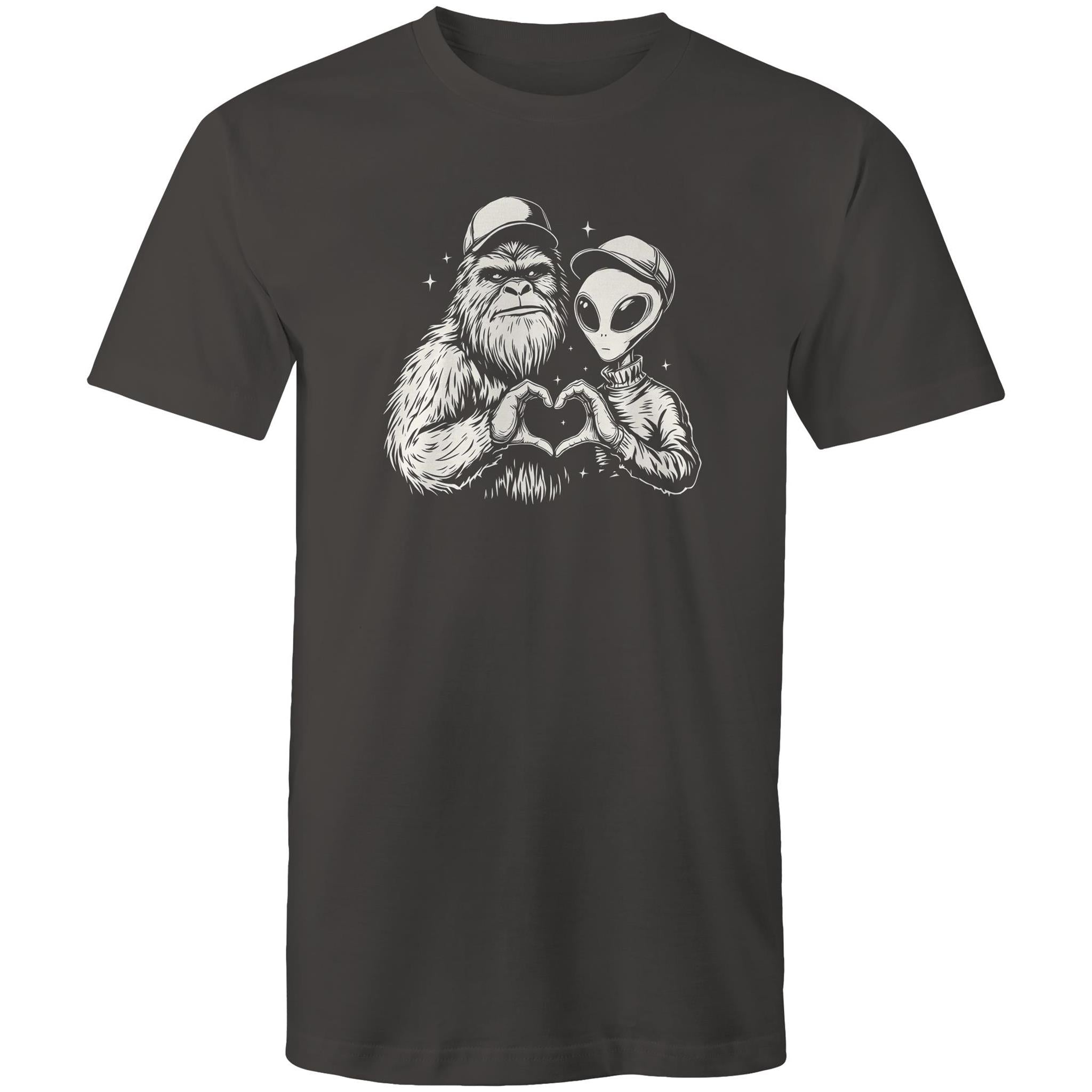Alien Bigfoot Heart Hands - Mens T-Shirt Charcoal Mens T-shirt Love Printed In Australia Sci Fi