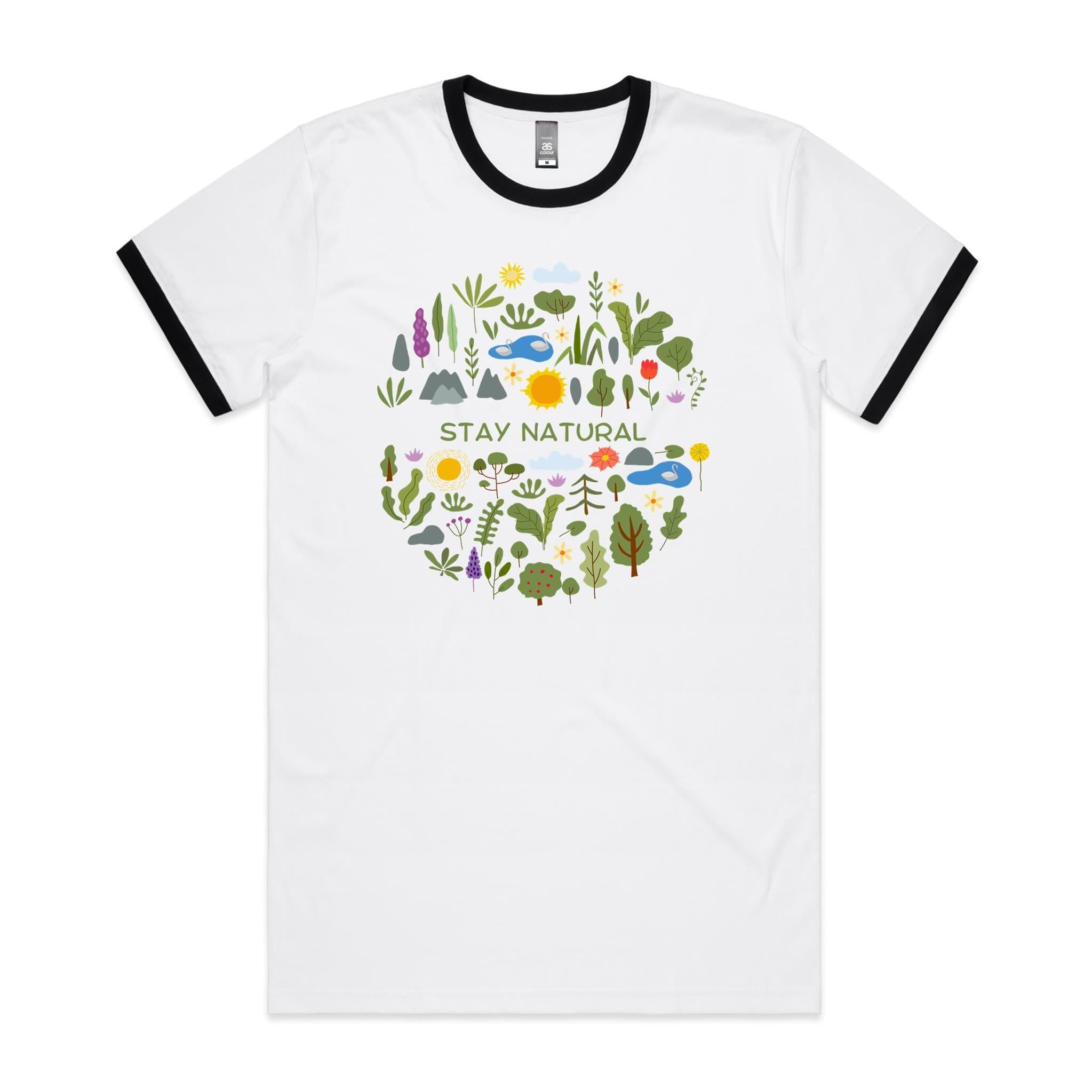 Stay Natural - Staple Ringer Tee White Black Ringer T-Shirt Plants Printed In Australia