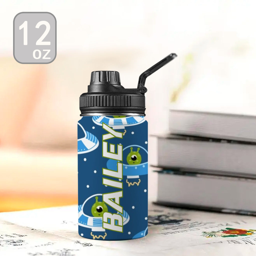 Personalised - Cute Aliens In UFO's - Kids Stainless Steel Water Bottle