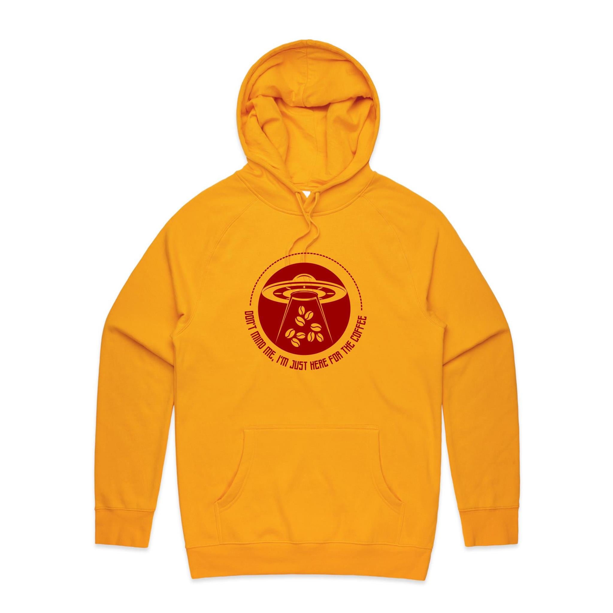 UFO, I'm Just Here For The Coffee - Mens Hoodie Gold Mens Hoodie Coffee Printed In Australia Sci Fi