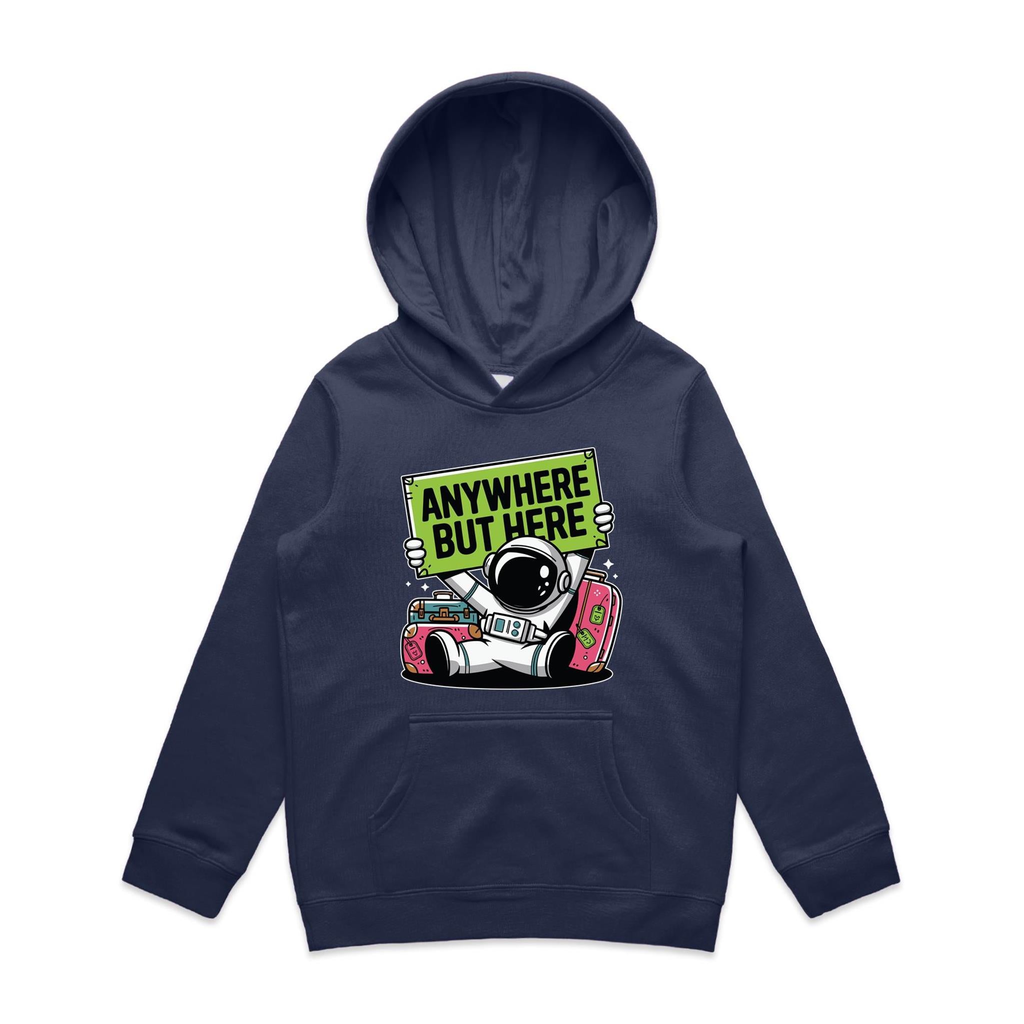Astronaut, Anywhere But Here - Kids Hoodie Midnight Blue Kids Hoodie Printed In Australia