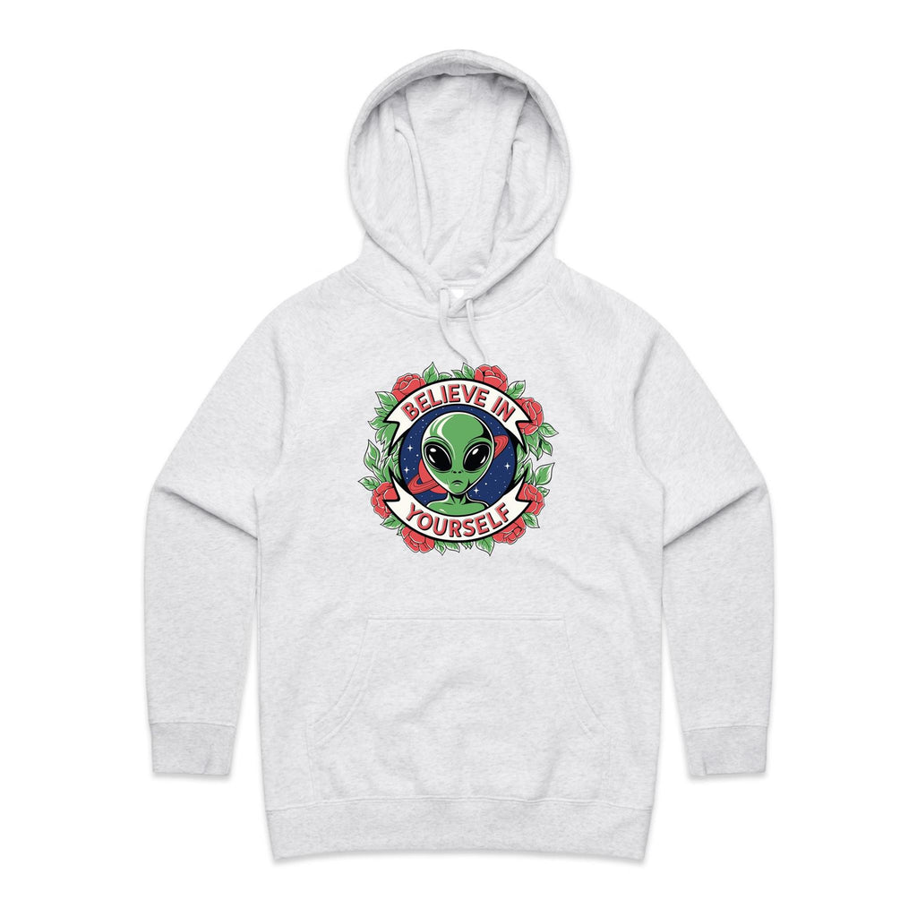 Believe In Yourself, Alien - Womens Hoodie White Marle Womens Hoodie Motivation Positivity Printed In Australia Sci Fi