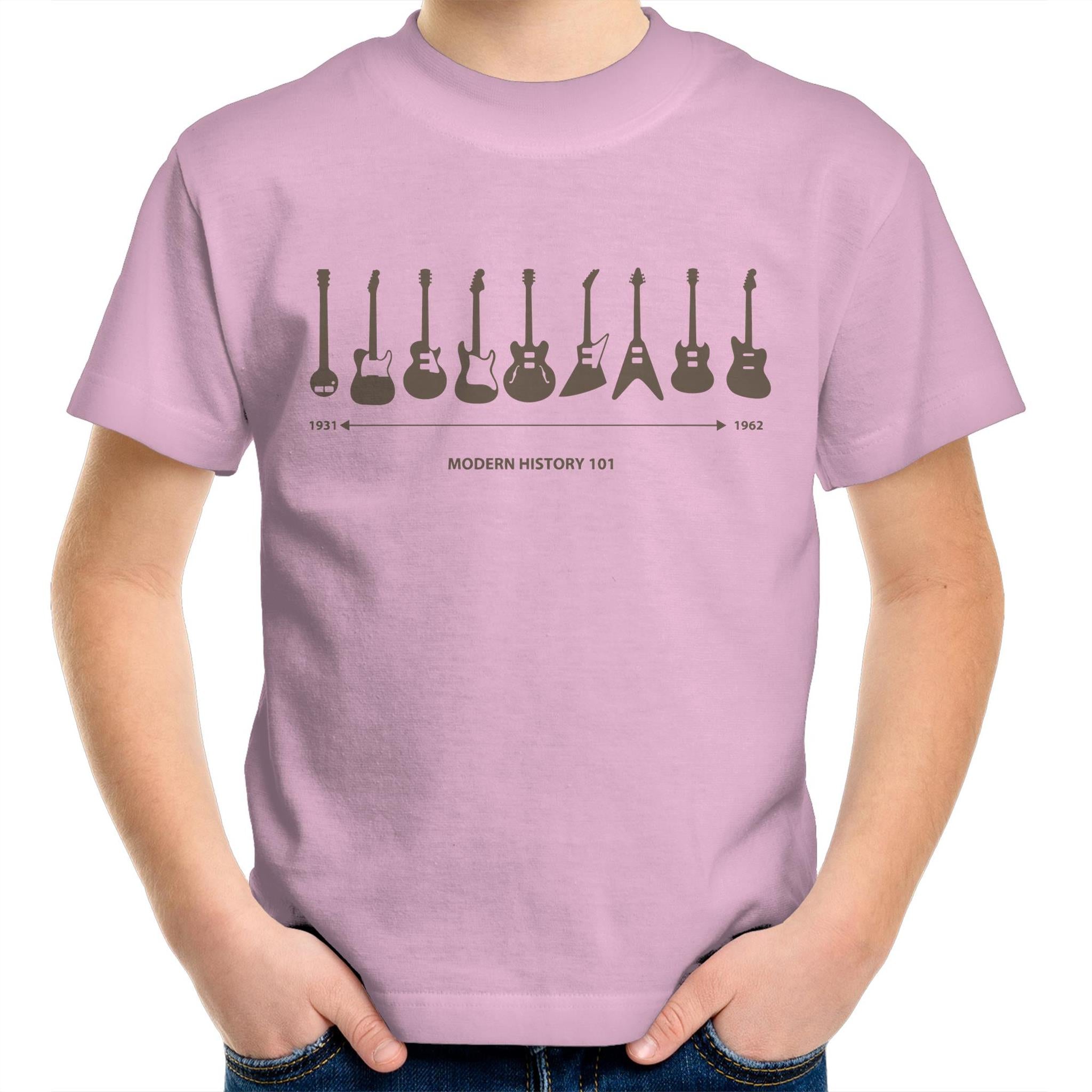 Guitar Timeline - Kids Youth T-Shirt Pink Kids Youth T-shirt Music Printed In Australia