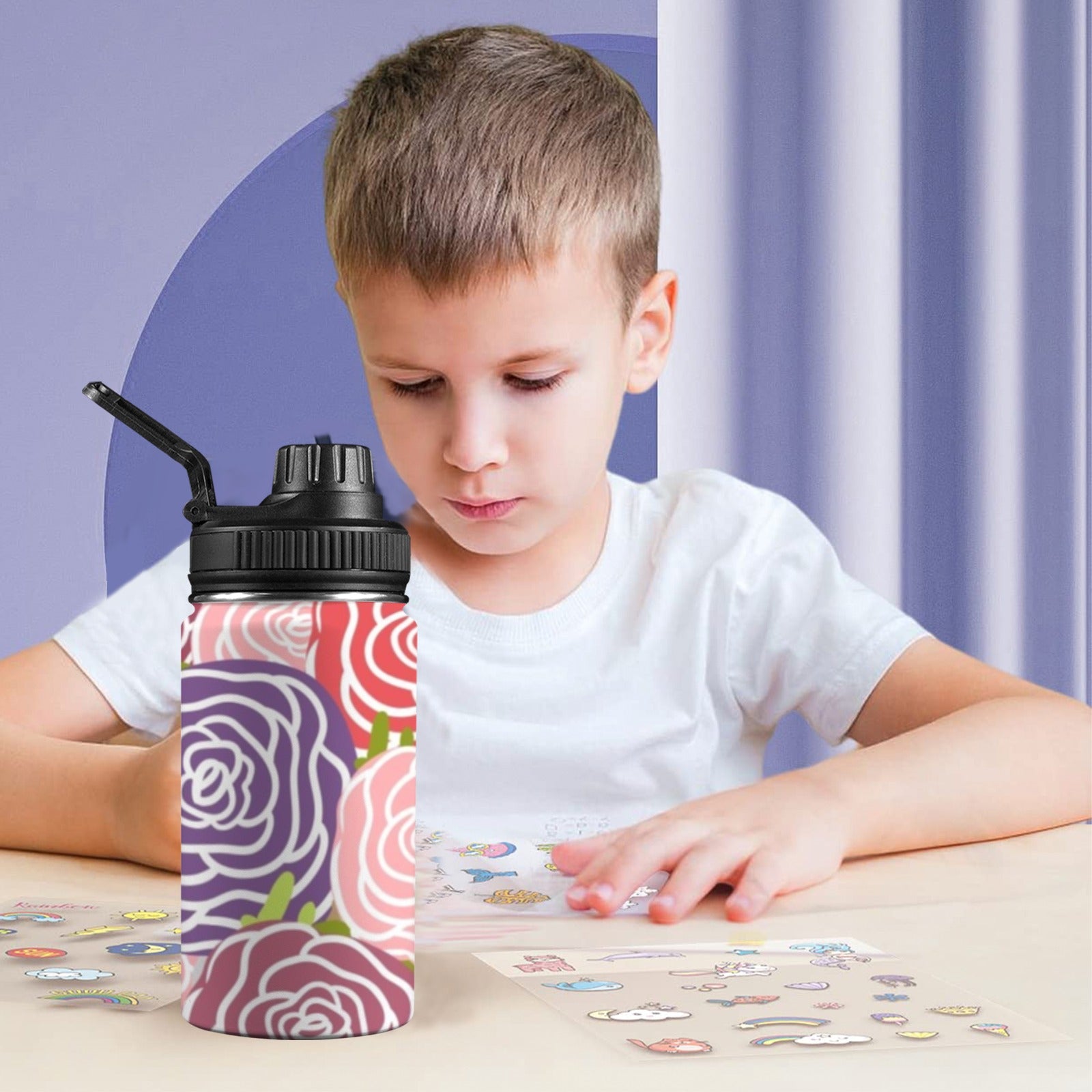 Abstract Roses - Kids Water Bottle with Chug Lid (12 oz) Kids Water Bottle with Chug Lid Plants Printed Offshore