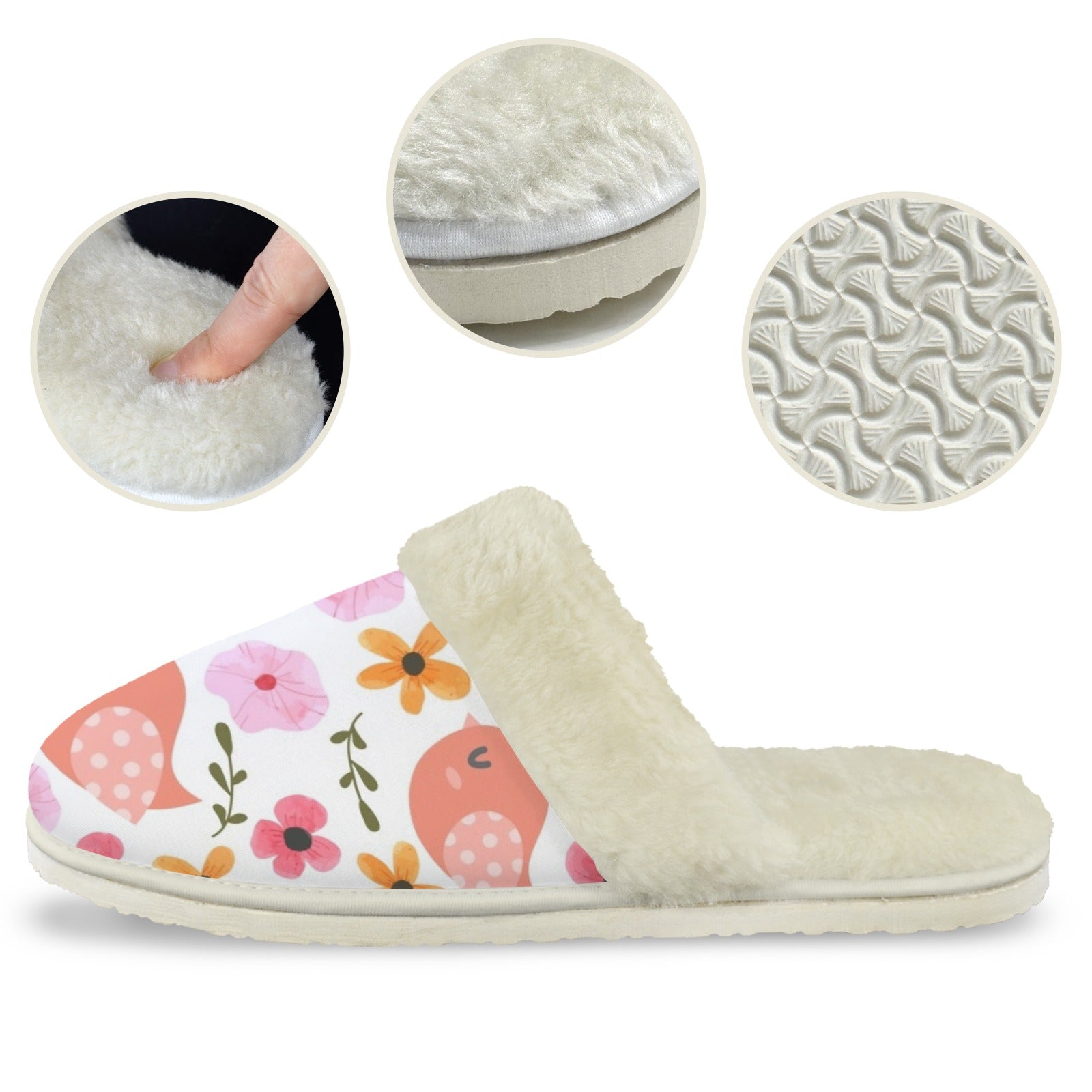 Lovely Birds Women's Fur Trim Thick-Sole Indoor Slippers Women's Fur Trimmed Slippers animal Birds Printed Offshore