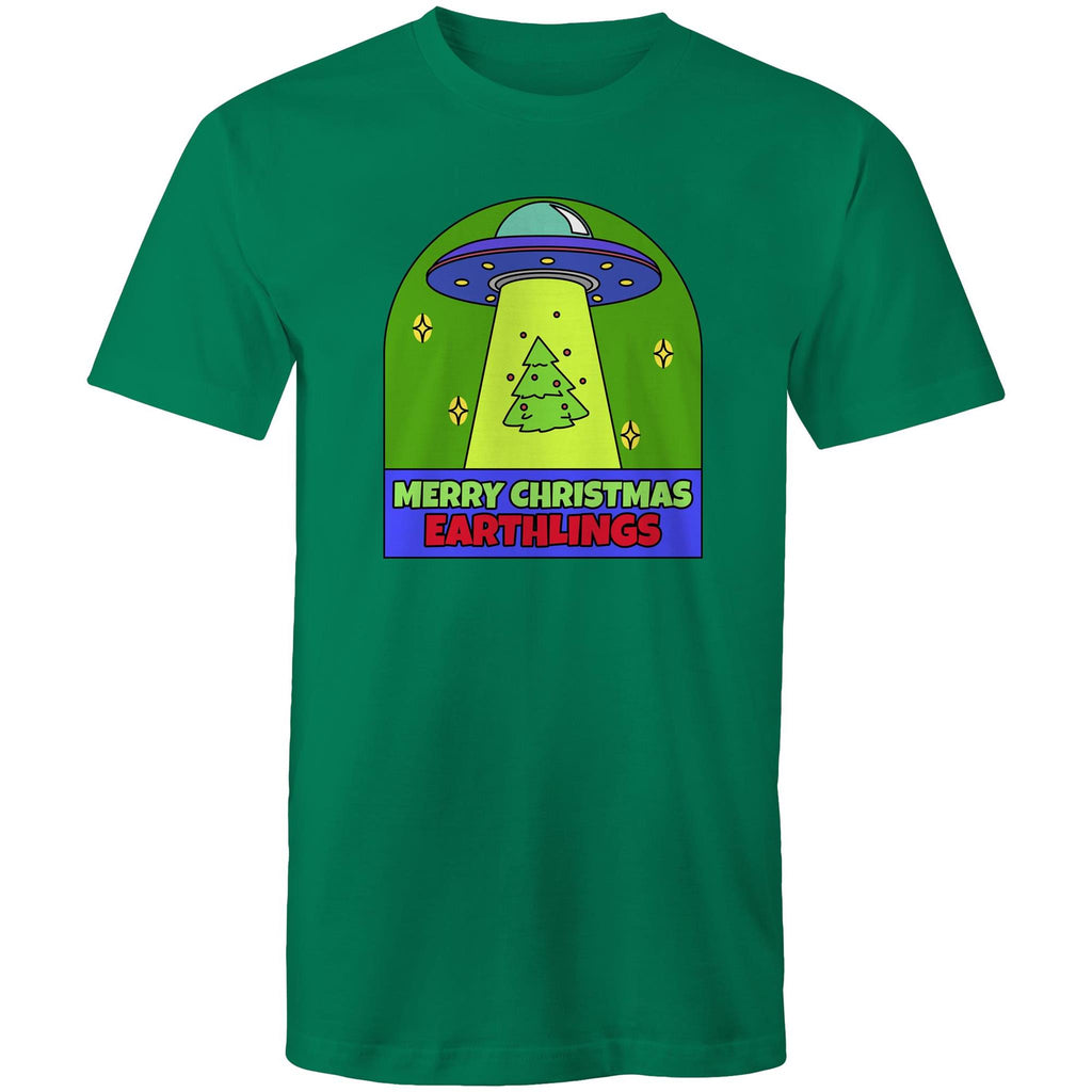 Merry Christmas Earthlings, UFO - Mens T-Shirt Kelly Green Mens Christmas T-shirt Christmas Printed In Australia