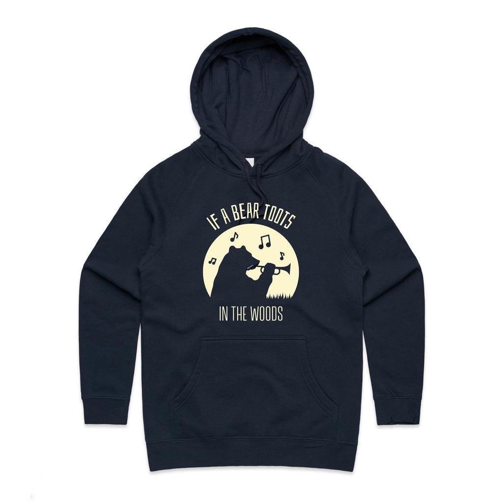 If A Bear Toots In The Woods, Trumpet Player - Womens Hoodie Navy Womens Hoodie animal Music Printed In Australia