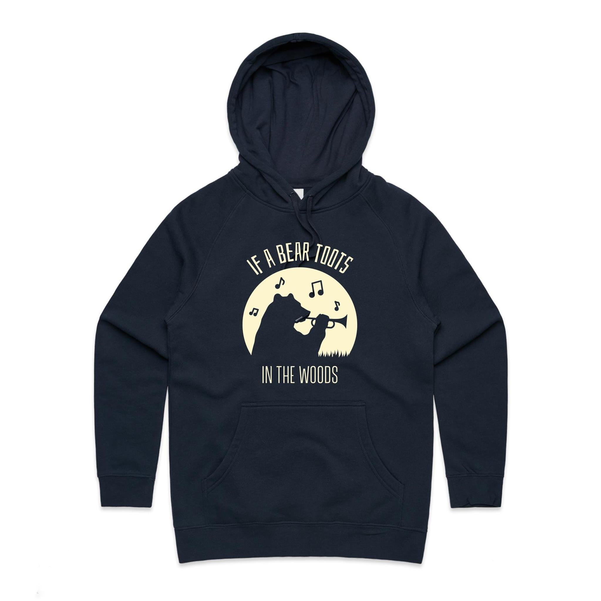If A Bear Toots In The Woods, Trumpet Player - Womens Hoodie Navy Womens Hoodie animal Music Printed In Australia