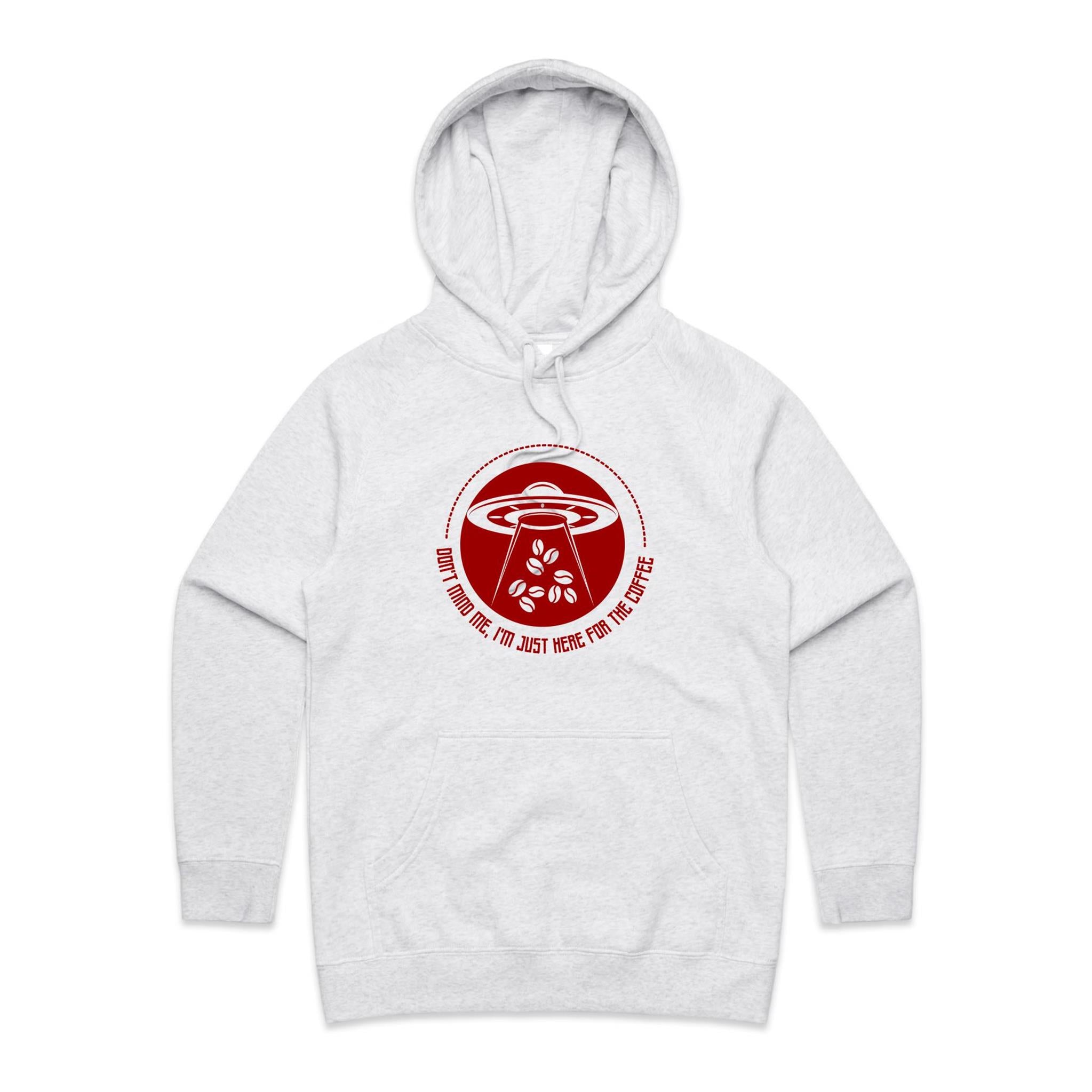 UFO, Don't Mind Me, I'm Just Here For The Coffee- Womens Hoodie White Marle Womens Hoodie Coffee Printed In Australia Sci Fi