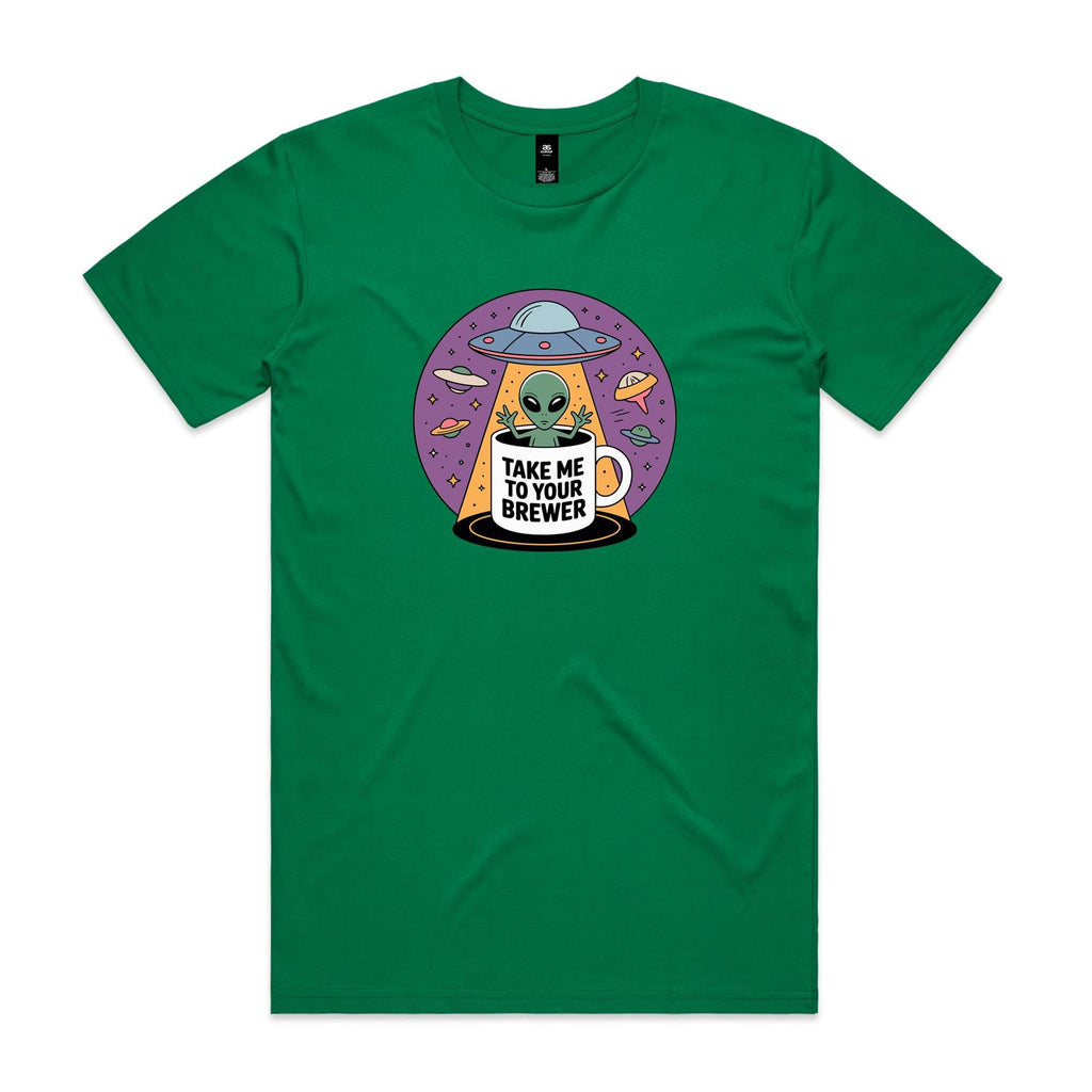 Coffee, Alien, UFO, Take Me To Your Brewer Men's AS Colour T-shirt Kelly Green Mens T-shirt Coffee Printed In Australia Sci Fi