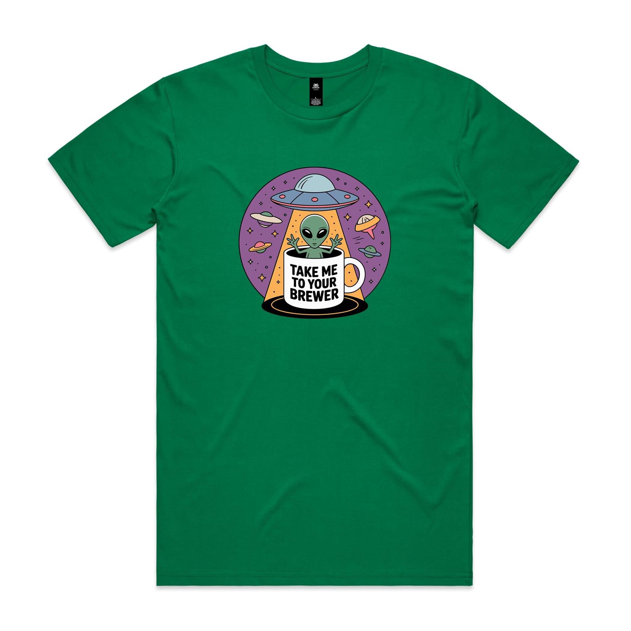 Coffee, Alien, UFO, Take Me To Your Brewer Men's AS Colour T-shirt Kelly Green Mens T-shirt Coffee Printed In Australia Sci Fi