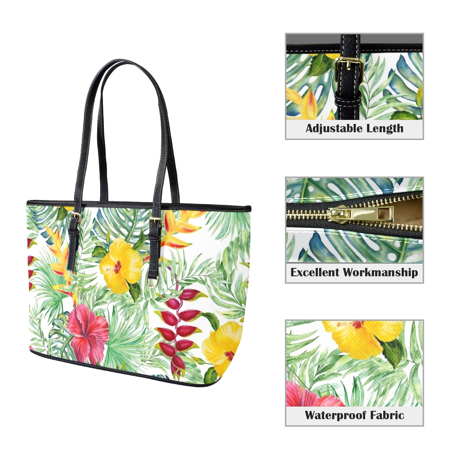 Tropical Flowers On White PU Leather Tote Bag Large Leather Tote Bag-Large Plants Printed Offshore