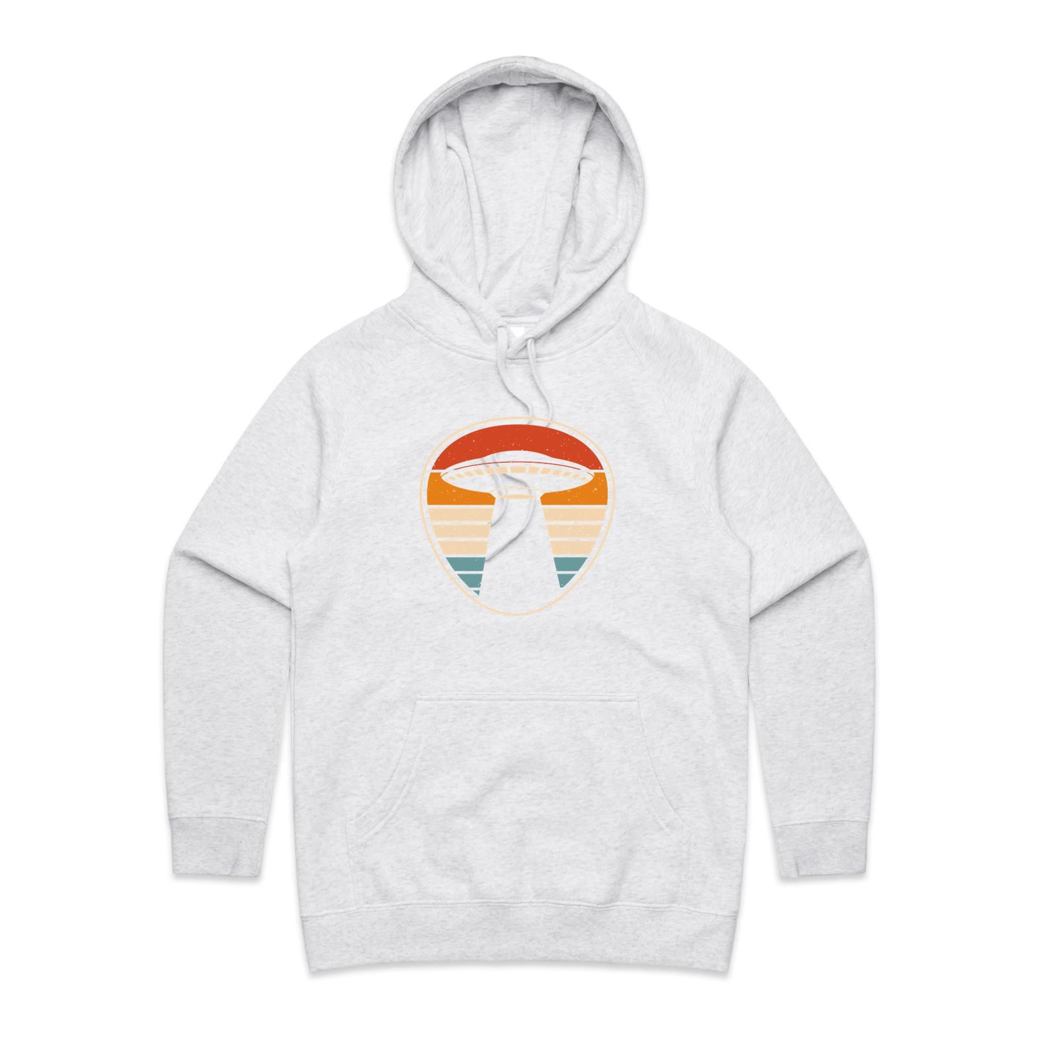 UFO, Retro Stripes - Womens Hoodie White Marle Womens Hoodie Printed In Australia Sci Fi