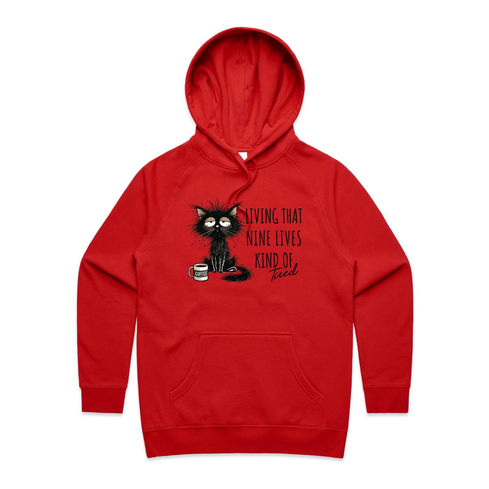 Living That Nine Lives Kind Of Tired, Frazzled Cat - Womens Hoodie Red Womens 2XL Womens Hoodie animal Coffee Printed In Australia
