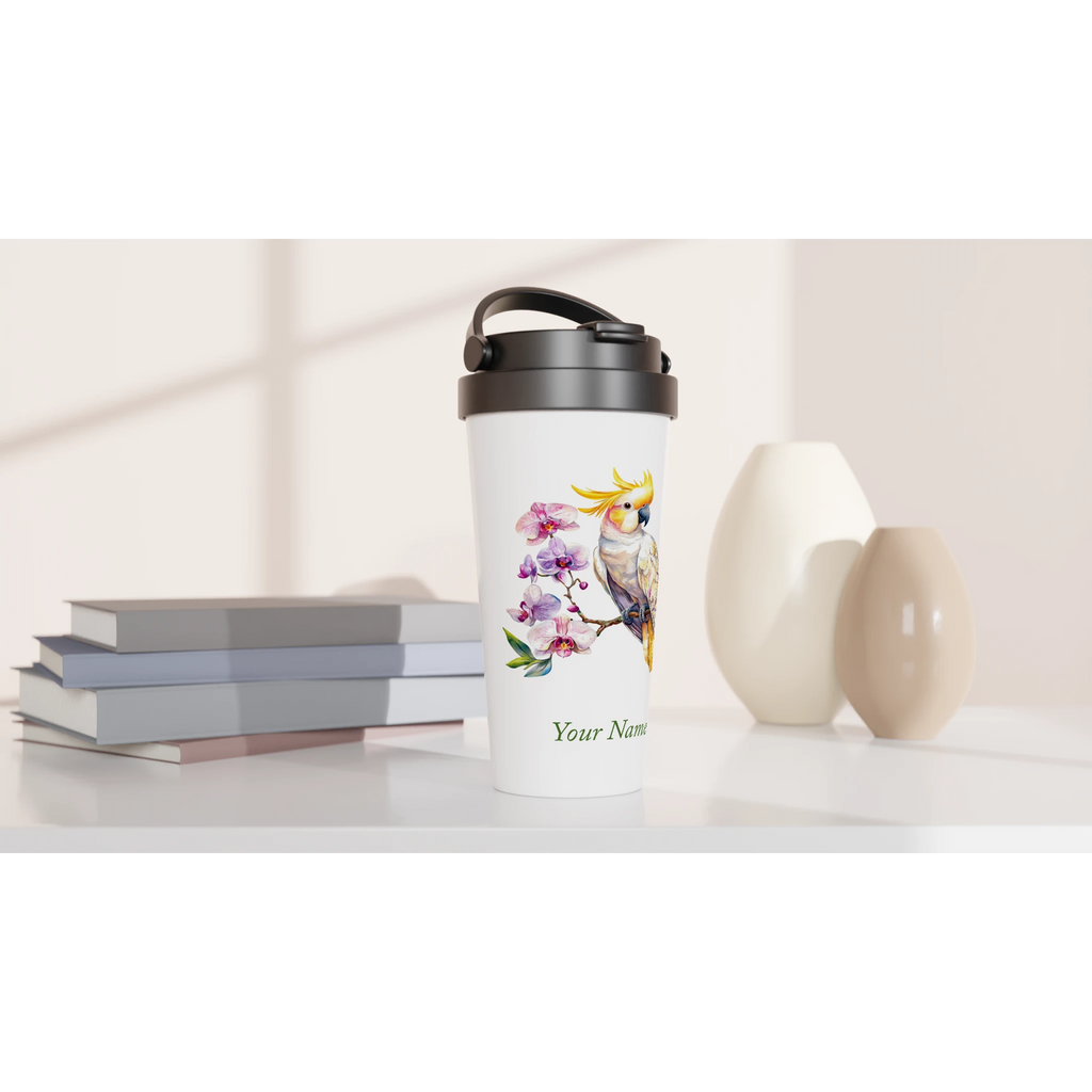 Personalise - Cockatoo, Australian Birds - White 15oz Stainless Steel Travel Mug Personalised Travel Mug animal Globally Fulfilled