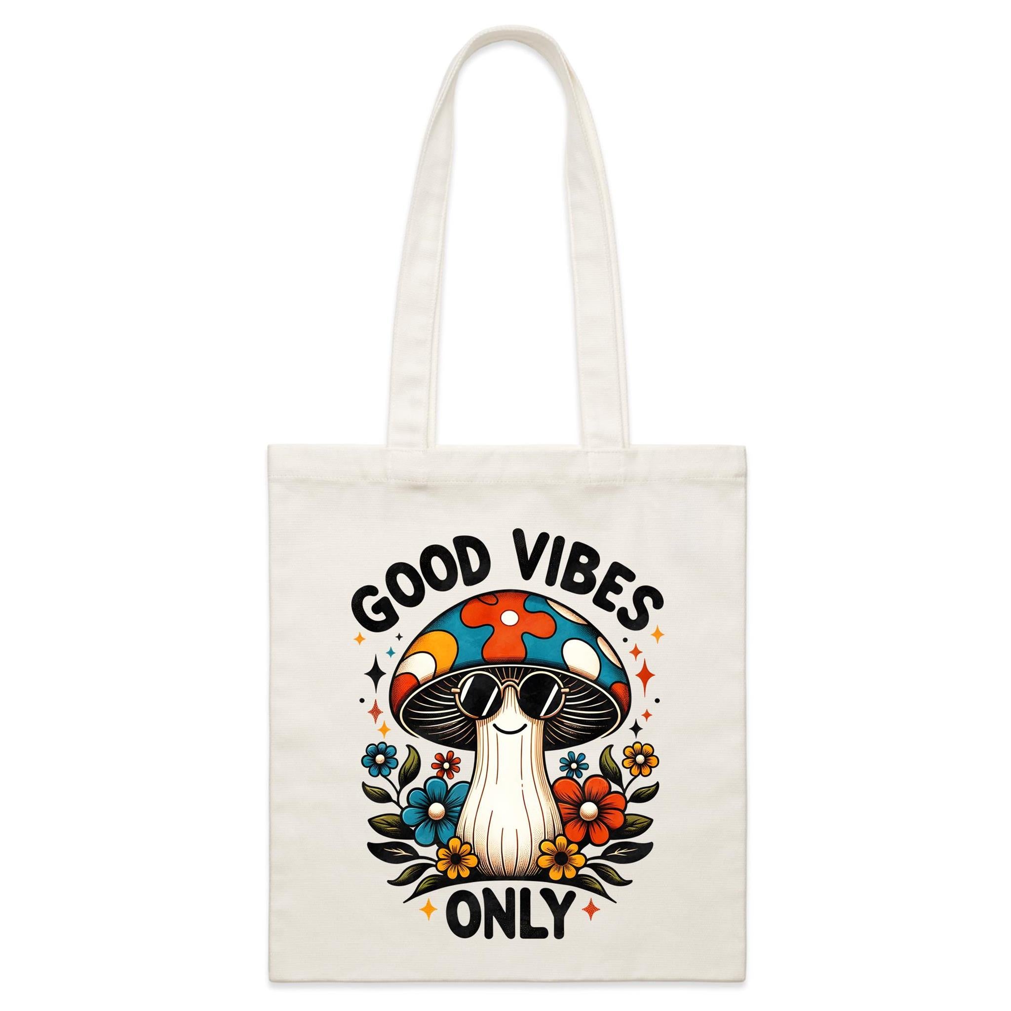 Good Vibes Only, Hippie Mushroom With Sunglasses - Parcel Canvas Tote Bag
